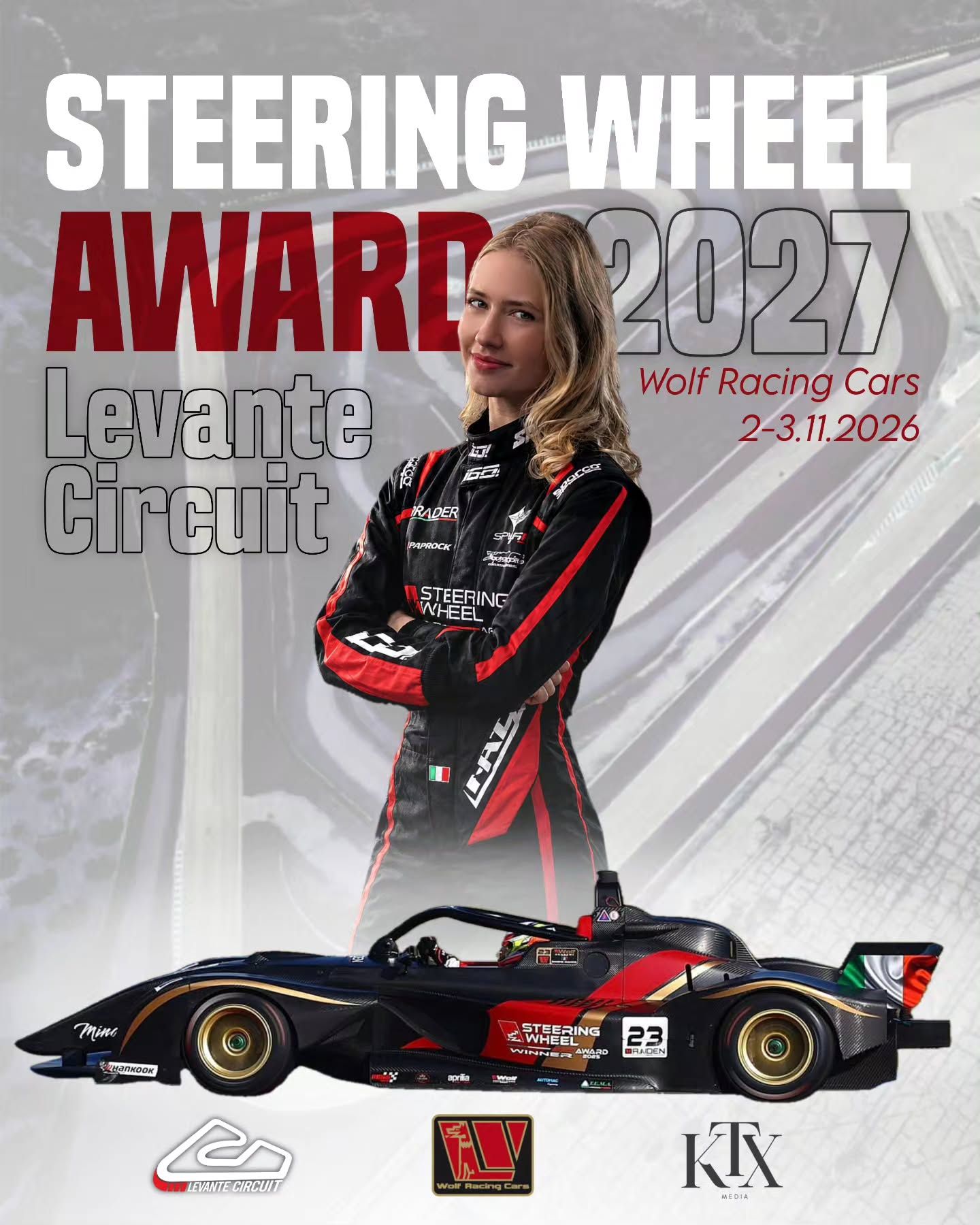 Grafika zapowiedzi Steering Wheel Award 2027: Katarzyna w kombinezonie Wolf Racing Cars i prototyp Wolf GB08